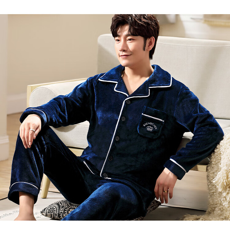 LangSha Men's Pajamas, Winter Flannel Lined Thickened Wearable Loungewear, Two-Piece Set, Warm Outfit 23