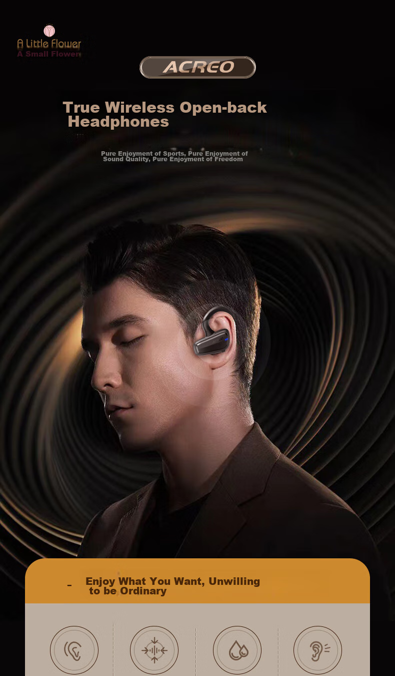ALittleFlower Open-Ear Bone Conduction Sports Bluetooth Headphones, Ear-Hook Style, for Running, Long Battery Life, Calls, Noise Reduction, Compatible with Huawei, Apple, Xiaomi, VIVO 1