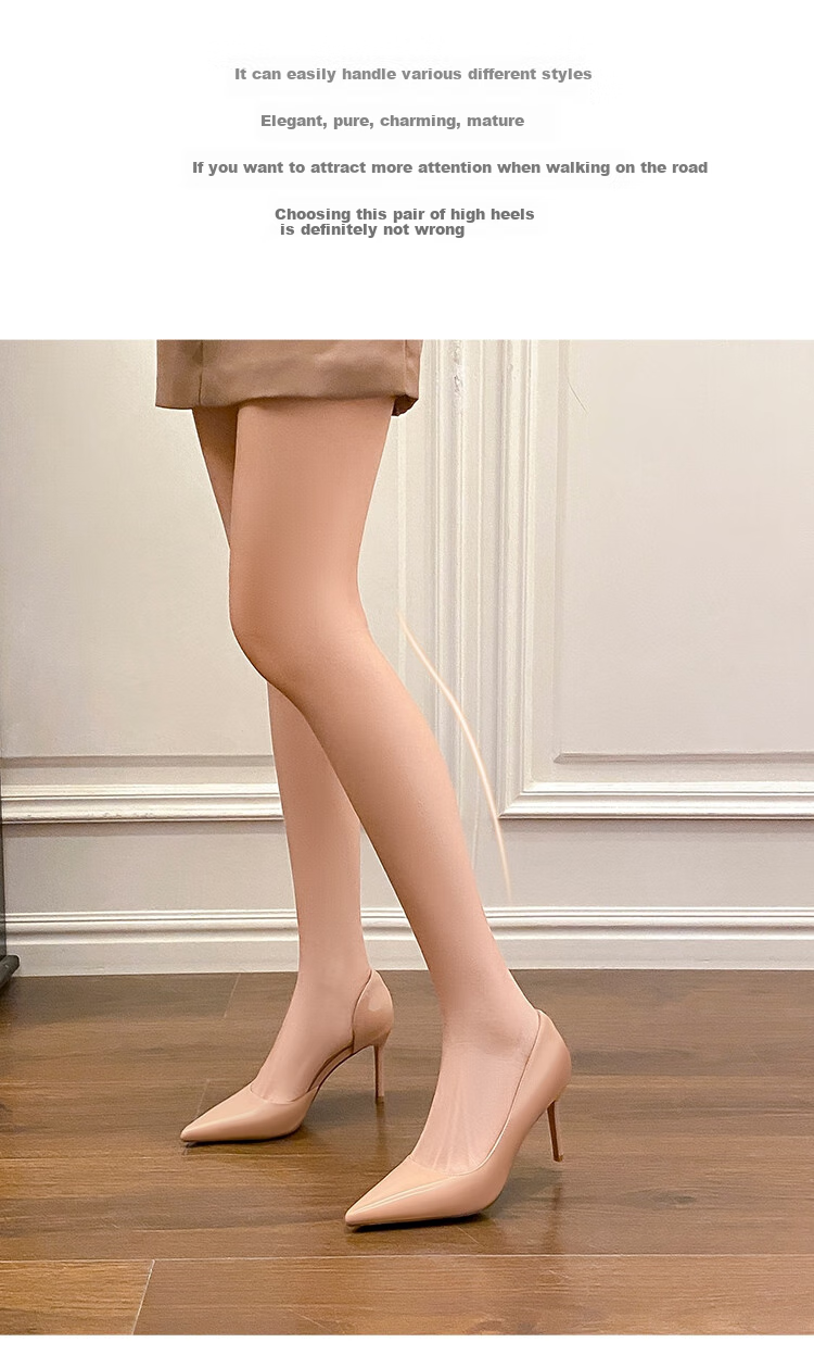 ZHR Valentine's Day Women's Nude Low-Cut Heels, Fashionable Stilettos, Elegant Slimming Patent Leather Versatile Professional Women's Shoes 4