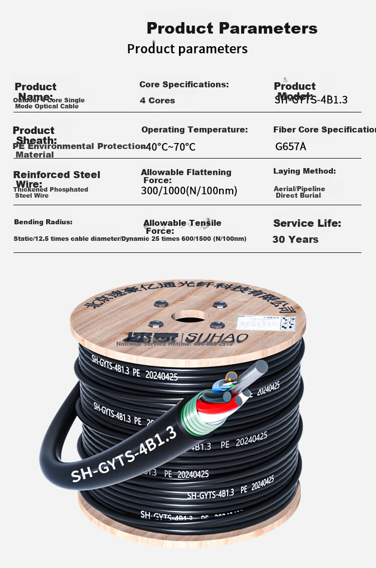 SUHAO GYTS Outdoor Optical Cable, Telecom-Grade National Standard Fiber Optic Cable, 4-Core Cable 1 Meter, Layer-Braided Single-Mode Armored Cable, 4-Core Outdoor Fiber Optic Line, SH-GYTS 3