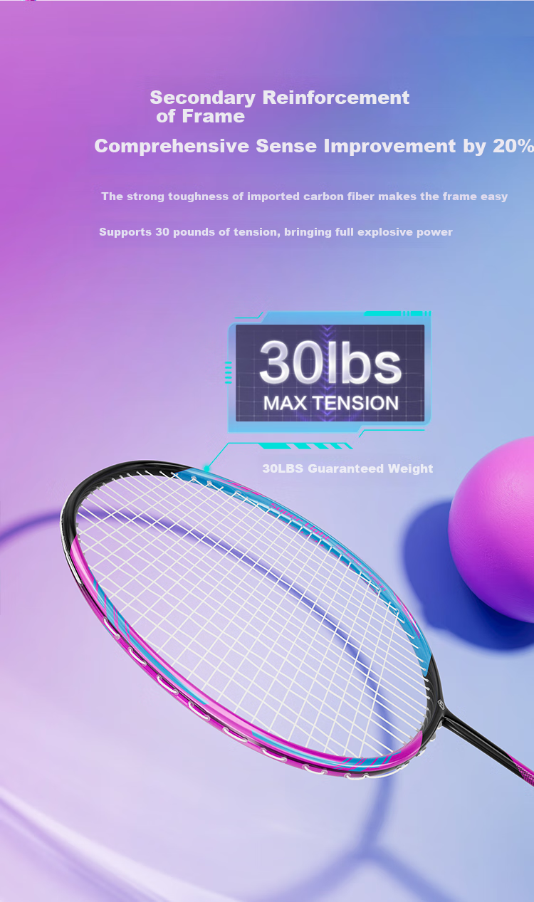 JD Original Kuanglan 80 Badminton Racket, Full Carbon 5U High Tension Single Racket 30 Lbs, Secondary Shaping, Includes 2 Hand Grip Tapes + Racket Case 3