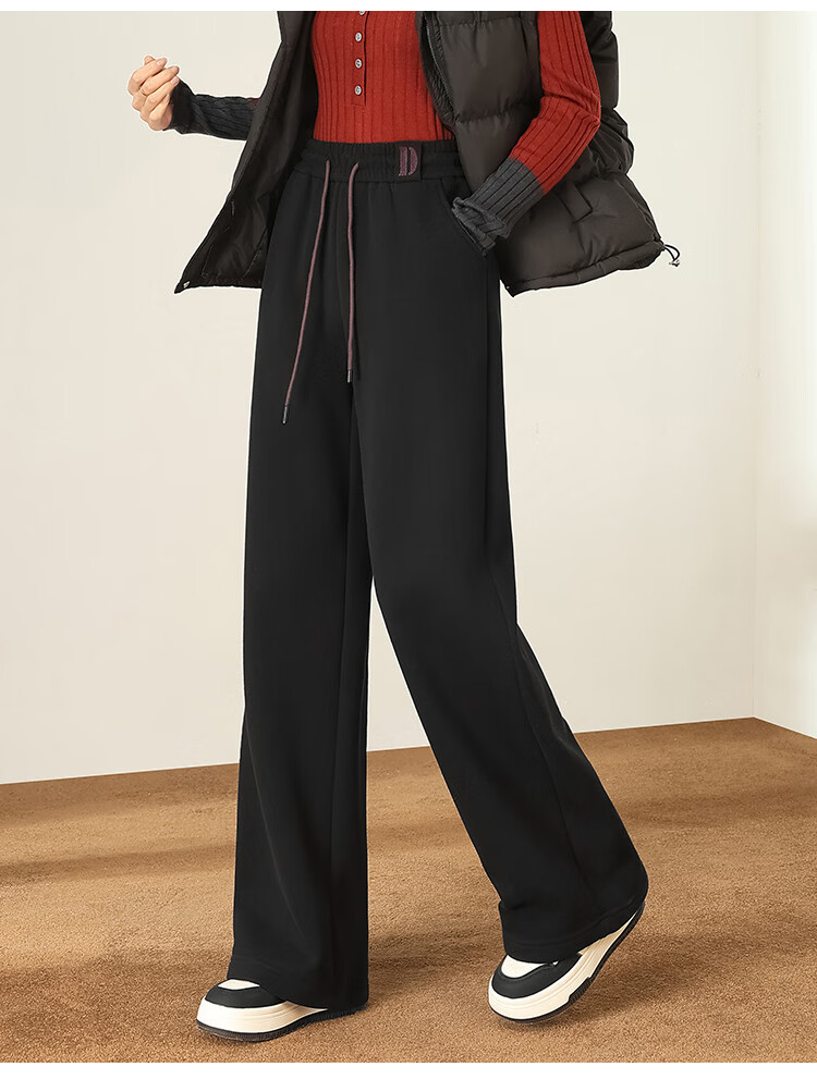 DME Fleece-Lined Thick Warm Slim-Fit Wide-Leg High-End Flattering Loose Elastic Waist Trousers, Black, XL 17