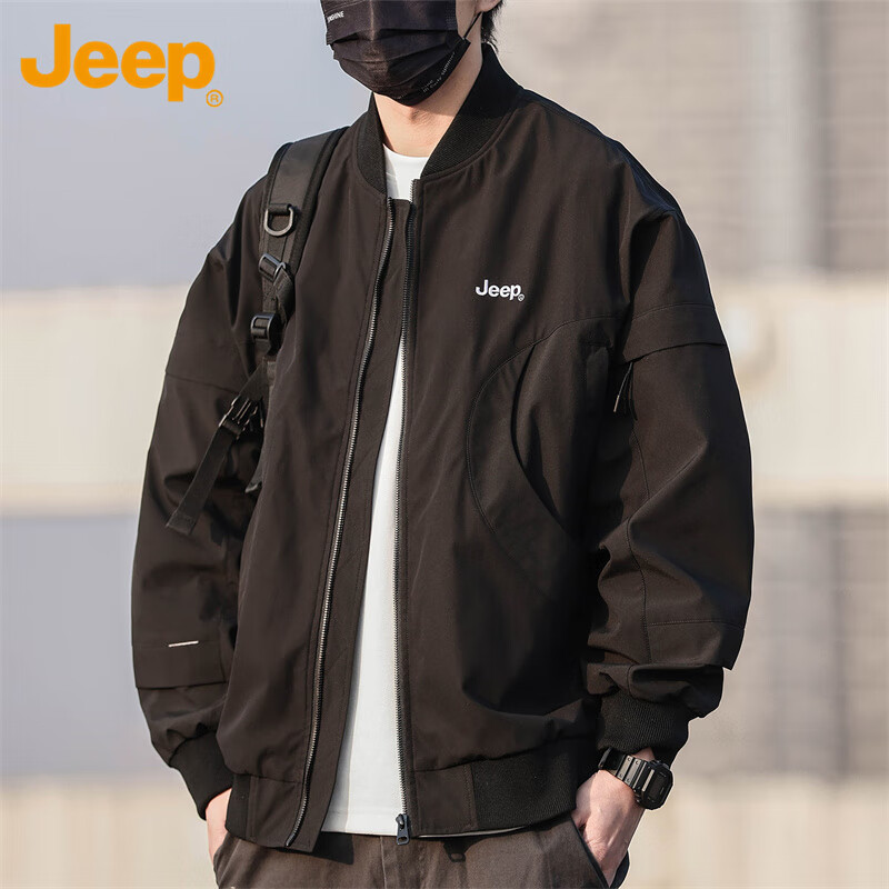 JEEP Men's Autumn Winter Trendy Baseball Jacket Casual Loose Workwear Black 4XL