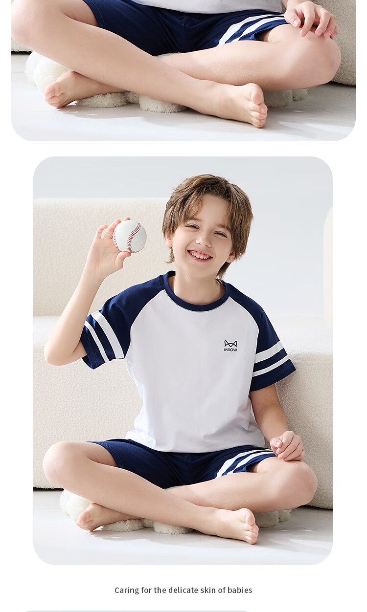 MiiOW Children's Pajamas for Boys, Summer [100% Cotton + Sports Series], Lightweight Loungewear, Suitable for Baby Boys to Wear Outside, Set 4