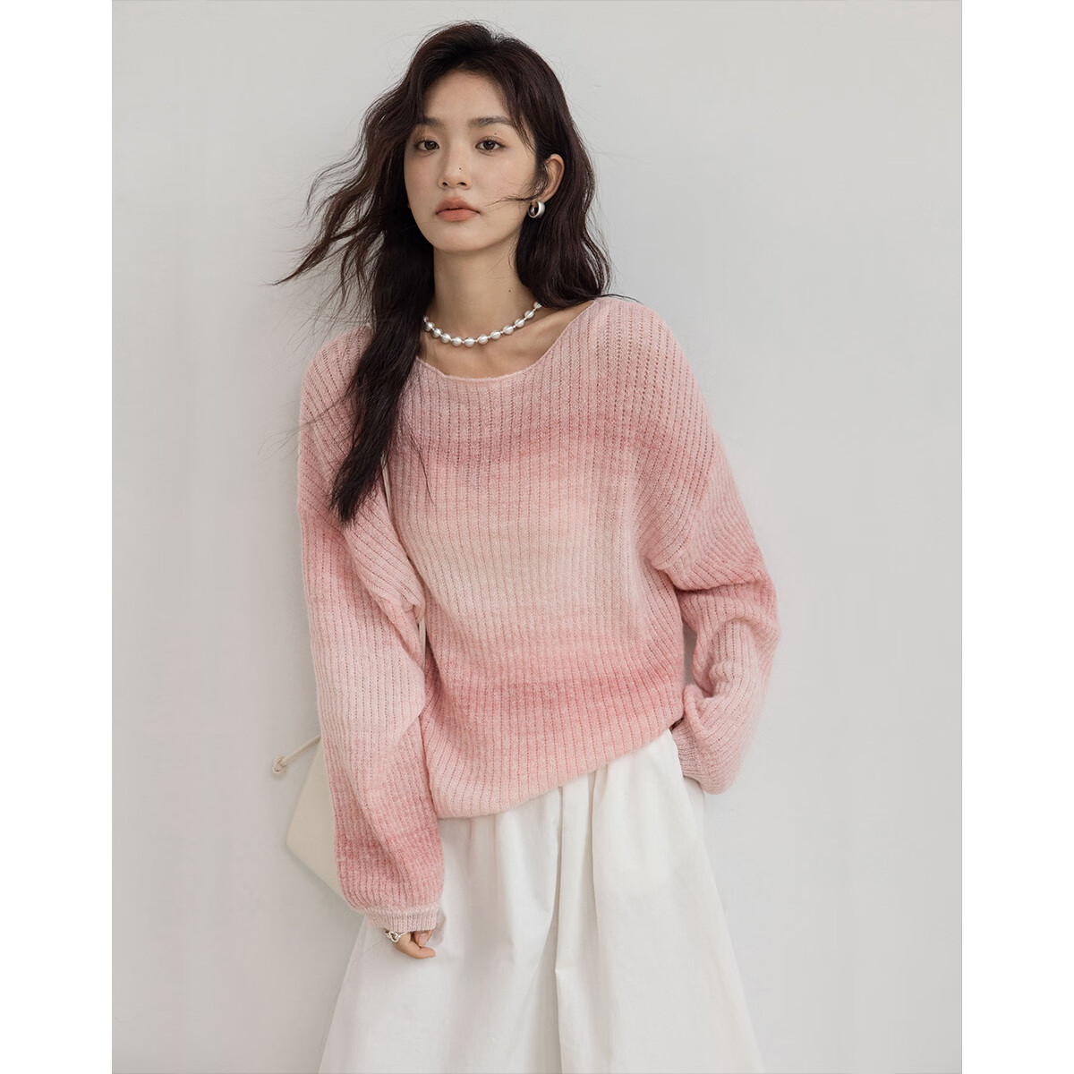 Demana Peach Blush Gradient Design Long Sleeve Knit Sweater Women Winter Crew Neck Pullover