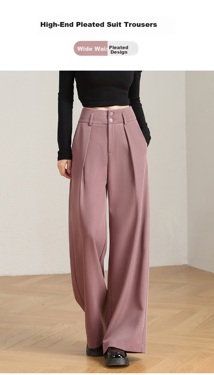 Dme Leg-Lengthening Wide Waist Pleated Design Solid Color Versatile Suit Pants for Women Wide-Leg Trousers Autumn Purple-Red M 1