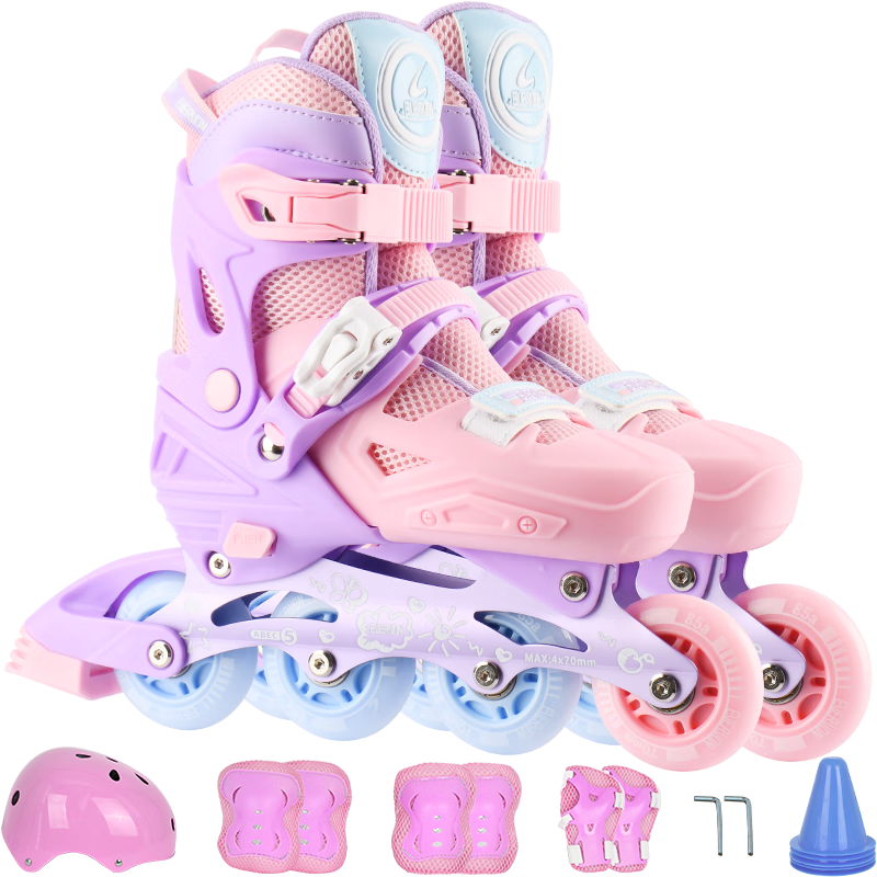 EVERVON Roller Skates for Children, Inline Skates with Full Flashing JF, Includes Helmet And Protective Gear, Pink, Size M, Suitable for Sizes 35-38
