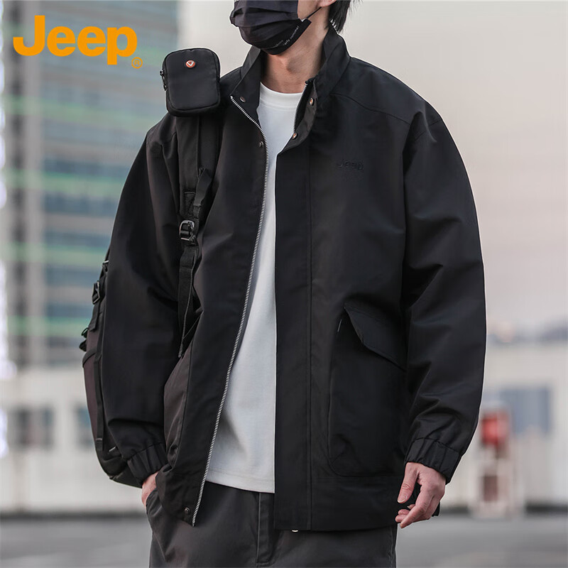 JEEP Men's Jacket, Spring And Autumn Outerwear, Stand-Up Collar, Loose Casual Menswear, Windbreaker Top, Black, 2XL