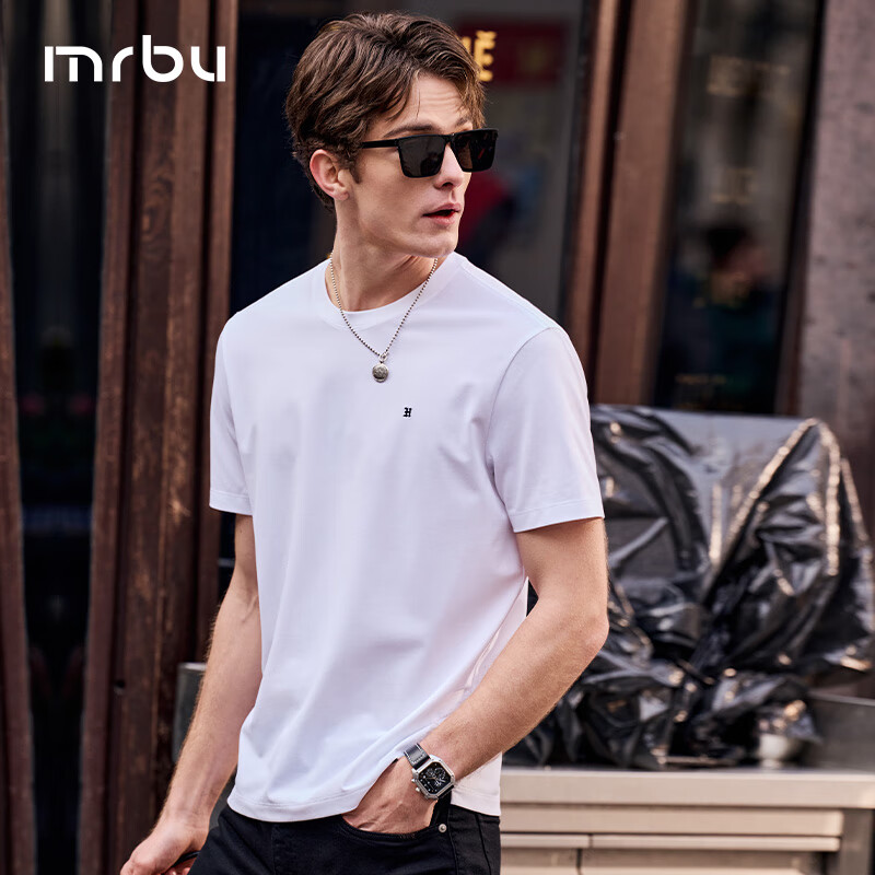 Mr.Bu Crew Neck Simple Letter Print T-Shirt for Men, Summer Wrinkle-Resistant Short-Sleeve Top, Bright Moon White