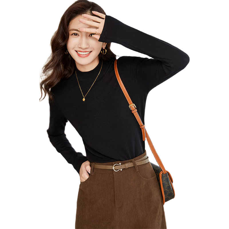 NOME Semi-Turtleneck Fleece Base Layer Women's New Warm Underwear, Fleece-Lined Thermal Top for Autumn And Winter, Black, M