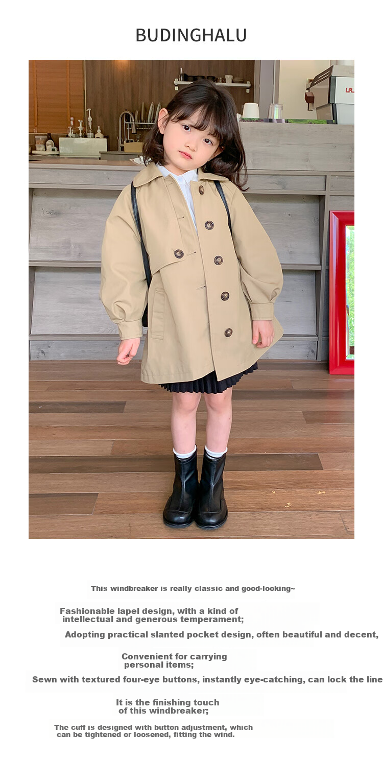 Budinghalu Girls' Jacket, Spring And Autumn Style, Children's Fashionable Versatile Windbreaker, Mid-Length, for Older Children, Casual Korean-Style Top, Trendy 1