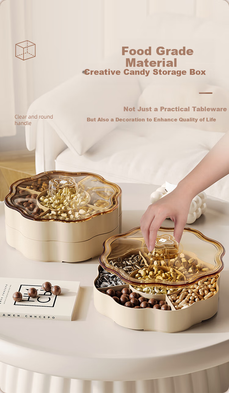 Jinlongxing Candy Box Snack Dried Fruit Plate for Living Room, High-End Feel Nut Fruit Melon Seed Dish, Double-Layer with Lid for Chinese New Year Display 1