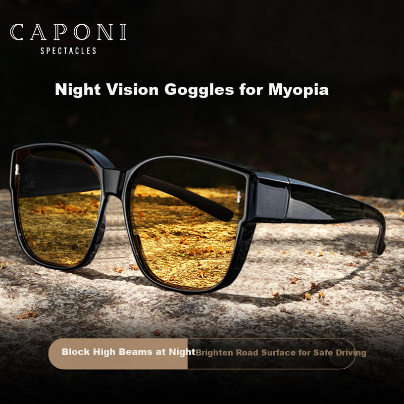 CAPONI Night Vision Driving Sunglasses for Men and Women, Polarized Night Driving Glasses with Prescription Lens Clip, Anti-Glare and Anti-Reflective