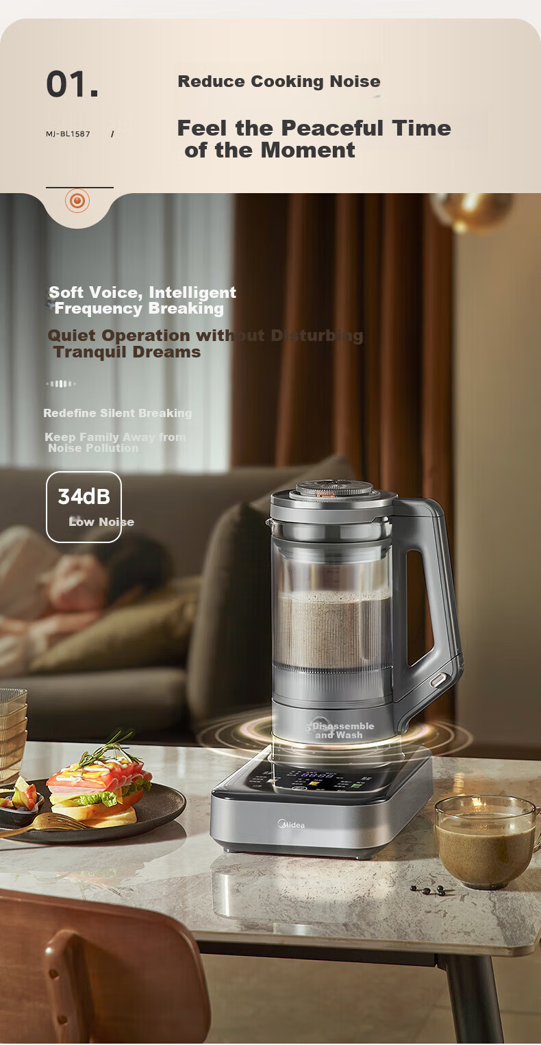 Midea High-Speed Blender, Home Soy Milk Maker, Detachable Multi-Function Food Processor, 1.75L Juicer for 3-5 People, Mixer, Baby Food Maker, Anti-Scalding BL1587 3