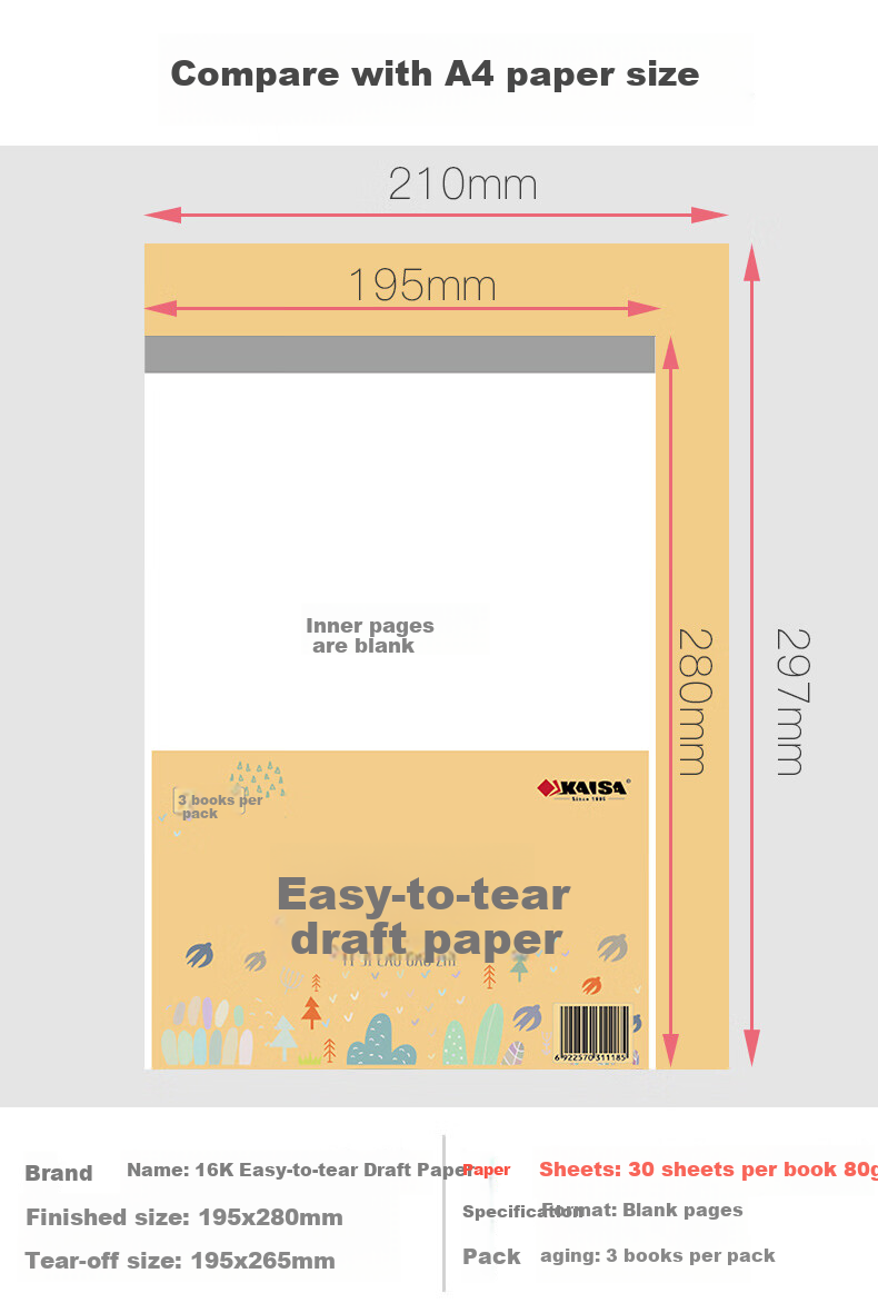 KAISA 16K/30 Sheets Blank Draft Notebook, 3-Pack Set, Thick Scratch Paper for Students, Tear-Off Practice Notebook for Postgraduate Entrance Exam, Calculation Paper for Middle And High School Students' Exams And Mental Math Practice 2