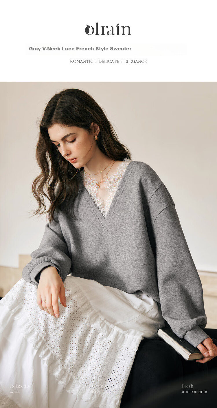 Oulain French V-Neck Sweatshirt for Women, Spring New Style Distinctive Lace Casual Pullover Top, High Gray, Size S 1