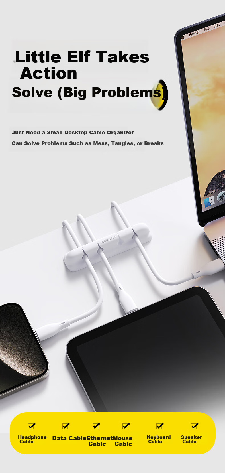 PISEN Cable Organizer Desktop Hub Storage Organizer Fixed Power Cord Cable Clip Winder Movable Nail-Free Wall Sticker Traceless 4-Hole Clip Holder Black 3