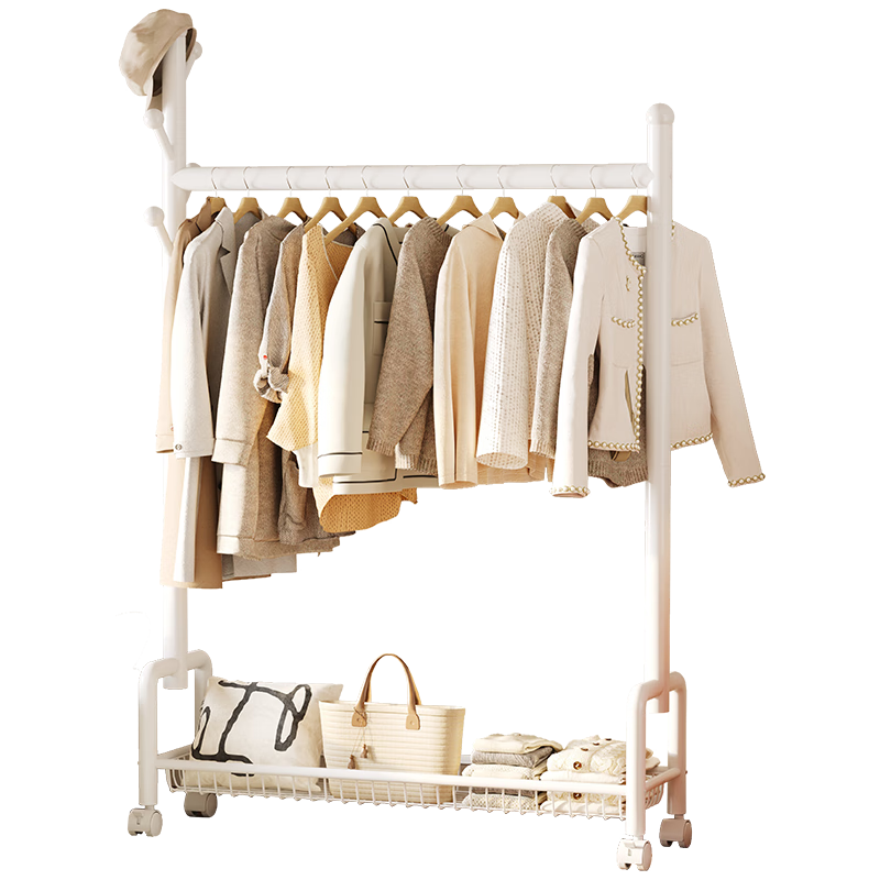 QIAONAMEI Clothes Drying Rack, Floor-Standing Bedroom Coat Rack, Indoor Dormitory Clothes Hanger, Storage Rack, Balcony Clothes Rod, 2441-WH