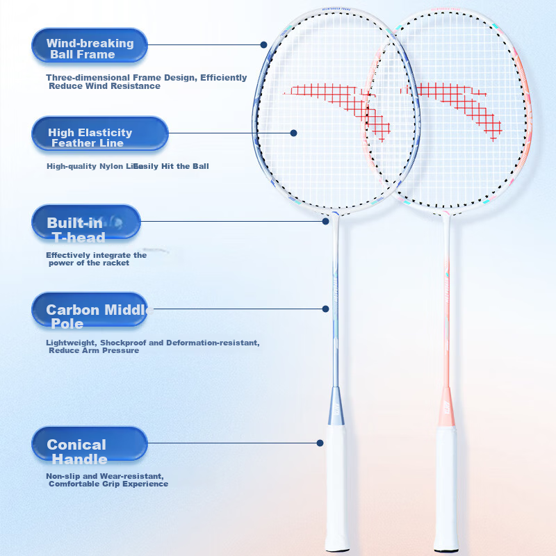 ANTA Professional Carbon Fiber Badminton Racket, Ultra-Light And Durable, Blue-Pink [Fusu] 639-1