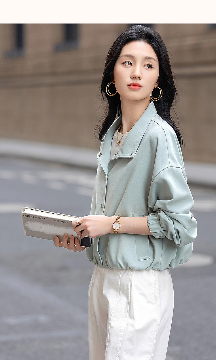Dme [Minimalist Outfit] Spring High-Count High-Density Pique Mesh Stand Collar Four-Button Elastic Hem Short Women's Jacket 14