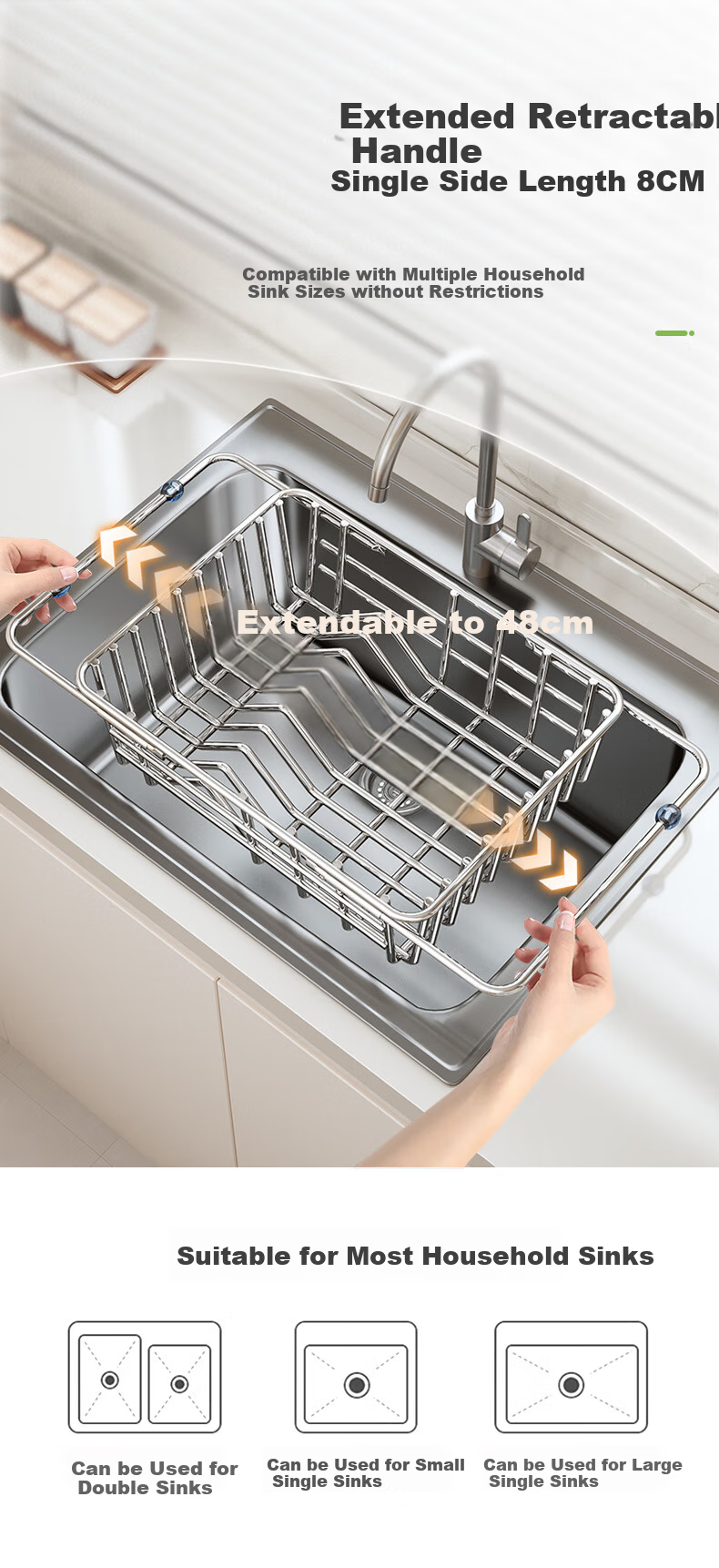 Shuaishi Kitchen Dish Rack Expandable 304 Stainless Steel Draining Bowl Basket Sink Storage Rack 3