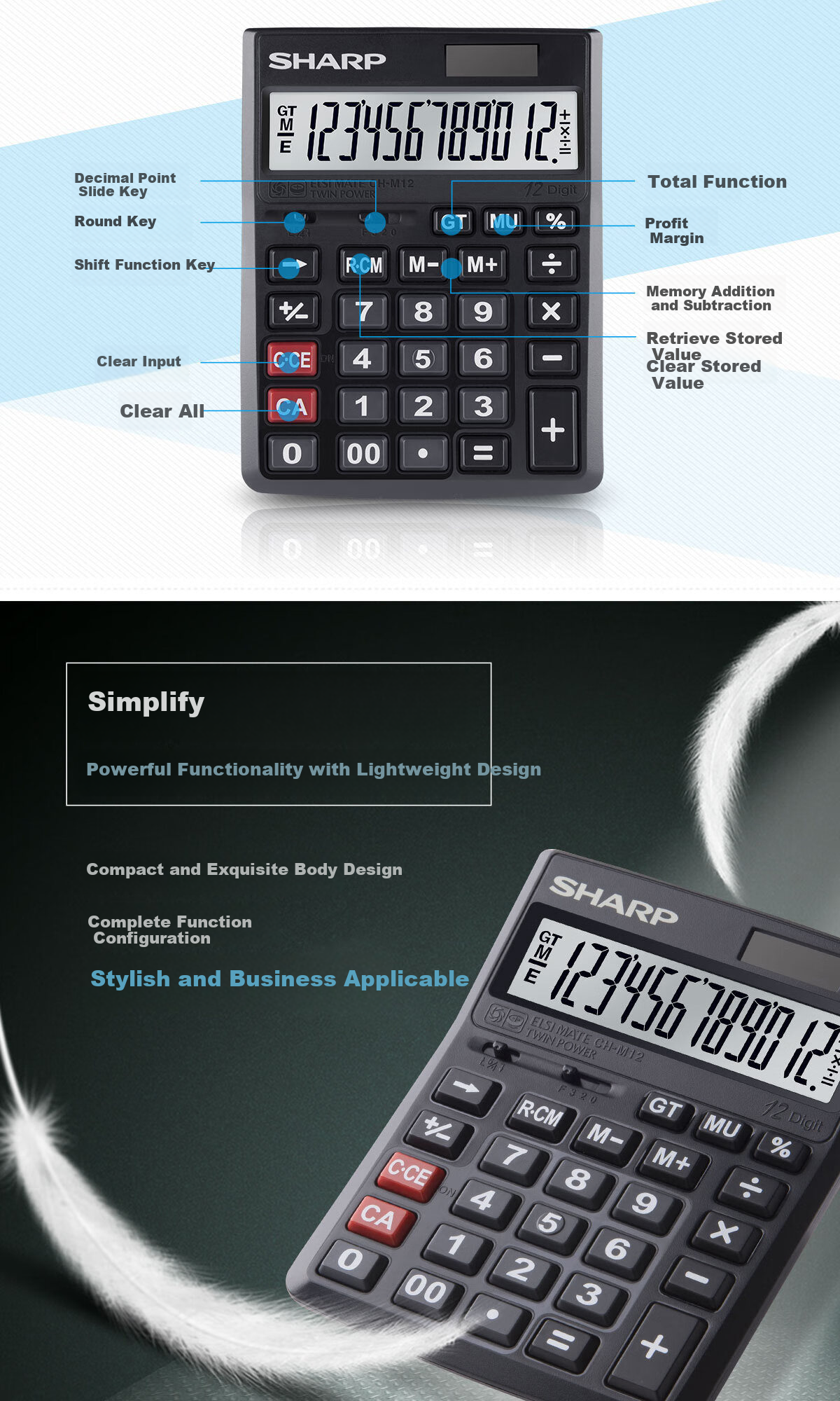 SHARP CH-M12 BK, 12-Digit Financial Office Business Calculator, Desktop Small Size Office Calculator, Suitable for Finance And Business Use 4