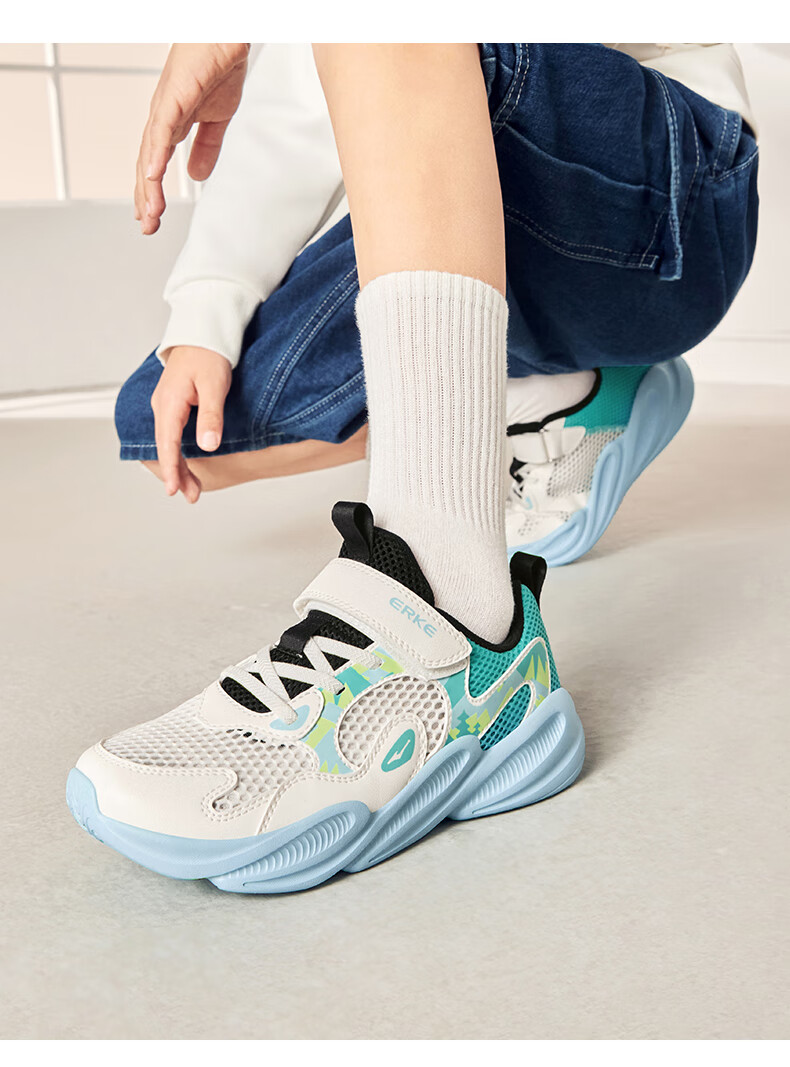 ERKE Children's Shoes, Boys And Girls Big Kids Sports Shoes, Children's Summer Breathable Running Shoes, Micro-Crystal White/light Oxygen Blue, Size 36 36
