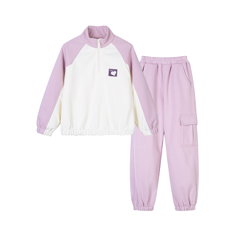 Follow Me Girls' Colorblock Set Spring Autumn Casual Sports Two-Piece Children's Jacket and Knit Pants Beige/Pink 110