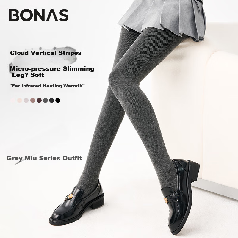 BONAS 26 New Women's Leggings with Fleece Lining, Bare-Leg Effect, Autumn And Winter Cotton Vertical Striped Thick Warm Slimming Tights