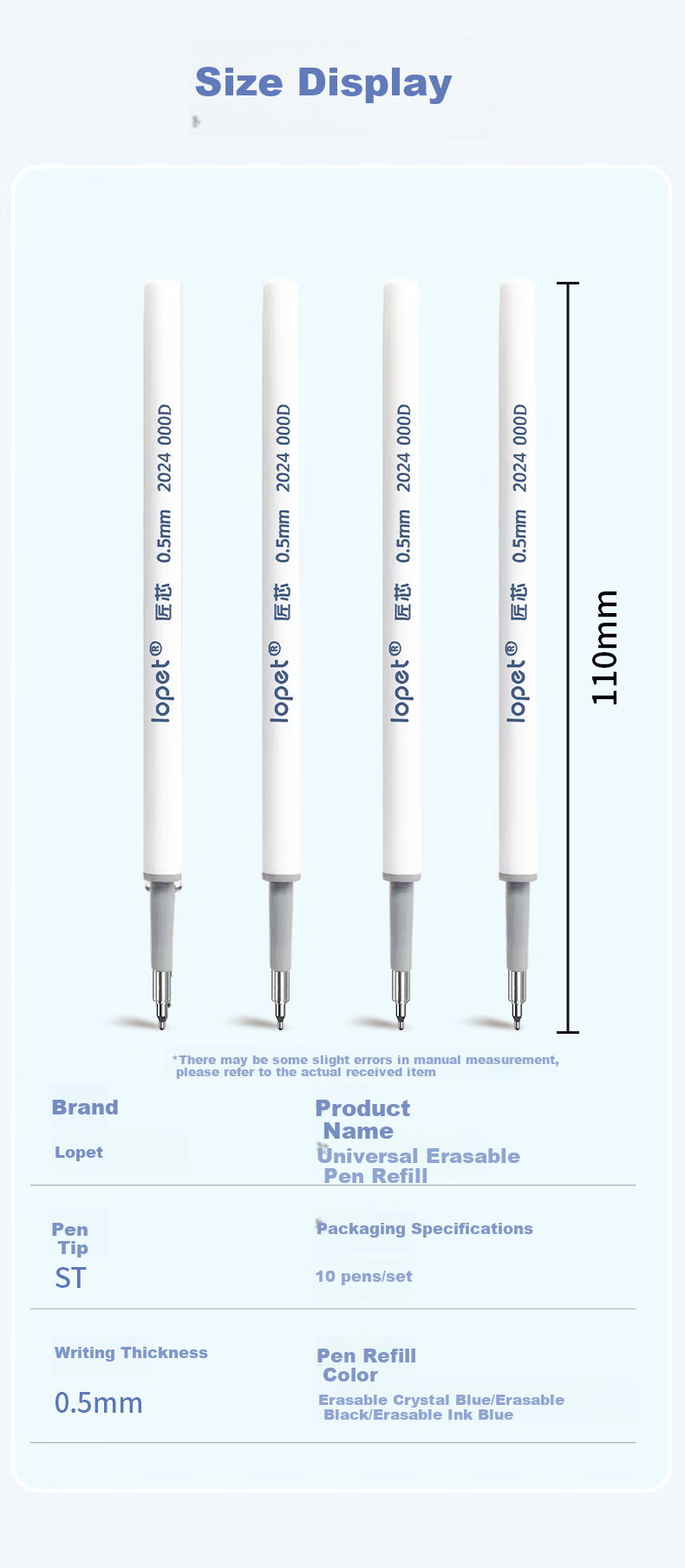 LOPET Erasable Pen Refills, Crystal Blue Erasable Gel Ink Refills, Push-Type Universal Refills, 10 Pieces, LT-8026 6