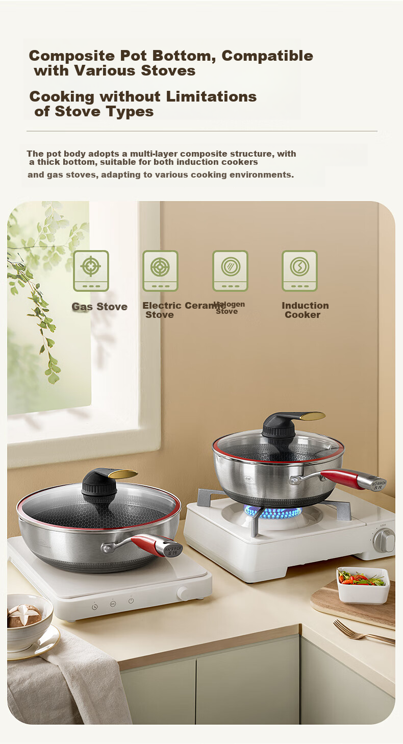 KBH Fifth Generation Wok, 316L Stainless Steel, Elegant Pan, Double-Sided Honeycomb Flat Bottom Frying And Stir-Frying Pan, Non-Stick Pan, Low Smoke 12