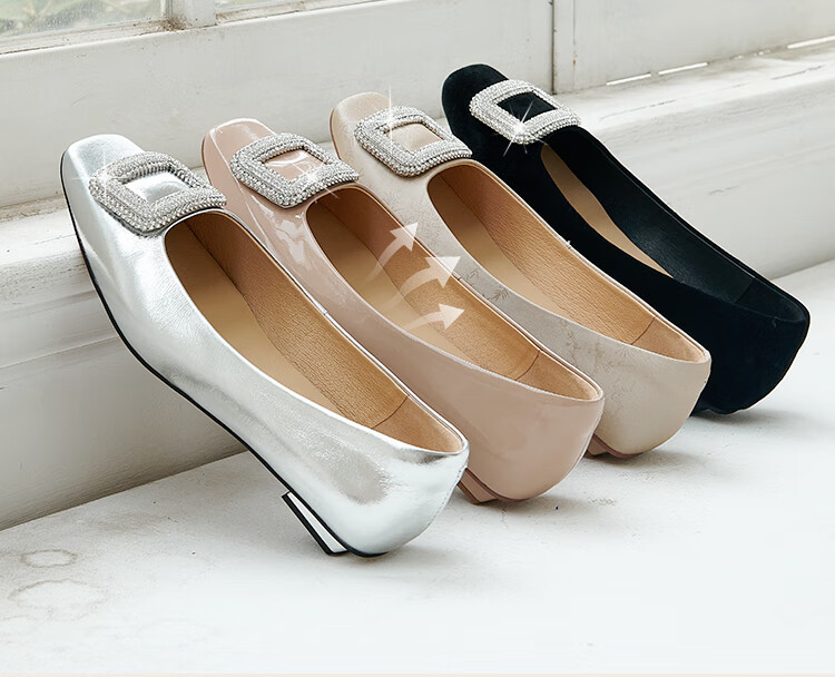 PT'SON Rhinestone Flats for Women, Autumn 2026 French Versatile Flat Shoes, Soft Lambskin Flats, Silver, Size 34 12