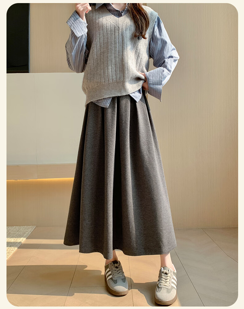 LangSha Women's Woolen Feel Skirt 2026 Spring Autumn High Waist Loose Slim A-Line Mid-Length Skirt 17