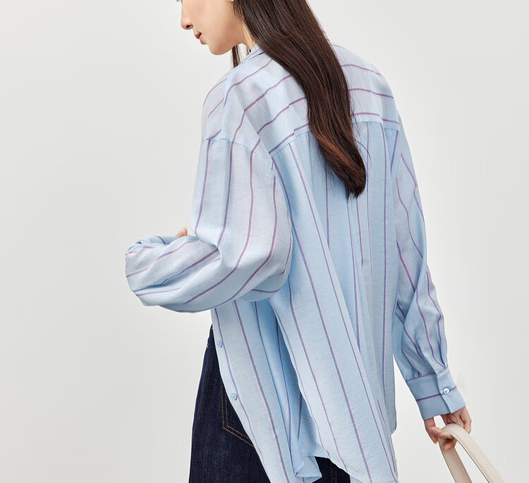 Sentubila Spring And Autumn Commuter Blouse for Women, Light Luxury High-End Slimming Shirt, Loose Long-Sleeve Thin Top, Blue Striped, L 19