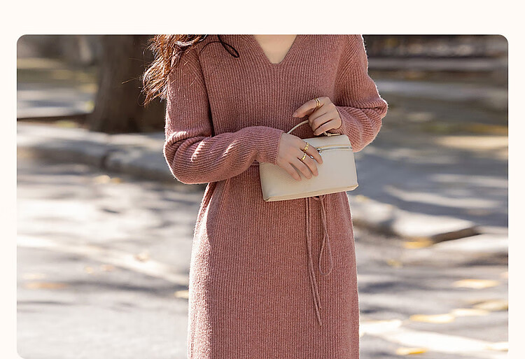Dme Spring And Autumn Elegant V-Neck Loose-Fitting Drop Shoulder A-Line Slimming Belt Midi Dress for Wome 4