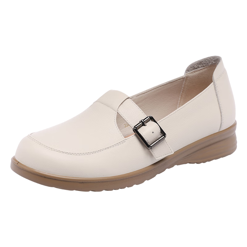 Red Dragonfly Women's Soft Leather Soft Sole Mom Shoes Single Shoes Shallow Flat Loafers WTB152452 Off-White Size 35