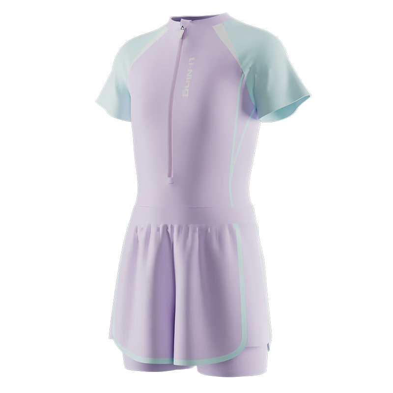 Li-Ning Children's Swimsuit, Girls' Color Block Short-Sleeve One-Piece Swimwear, Conservative Casual Style, Swimming Costume 0052 Purple-Blue, Size 150