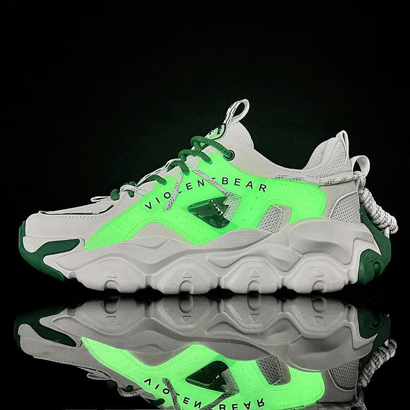 VIOLENTBEAR Men's Sneakers, Sports Shoes for Spring And Summer, Mesh Breathable Dad Shoes, Non-Slip Couple Shoes, White And Green [Luminous Version], Size 40 25
