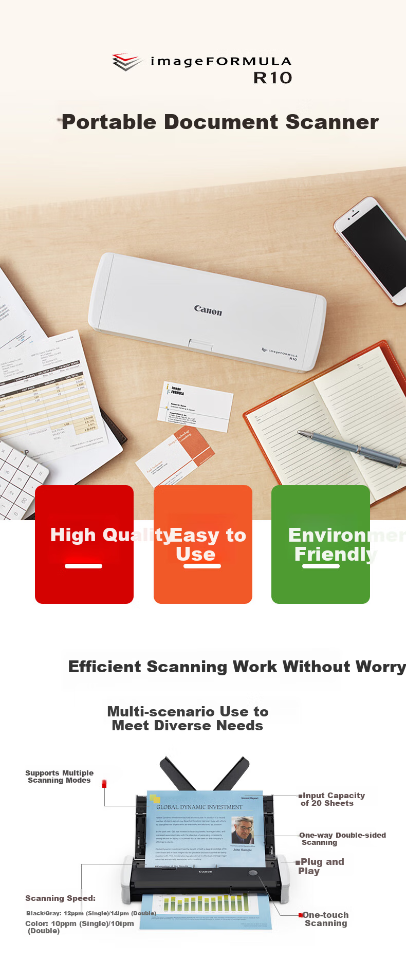 Canon P-208II Professional High-Speed Document Scanner, Portable Automatic Dual-Side Color Business Card Scanner with USB Power Supply 1