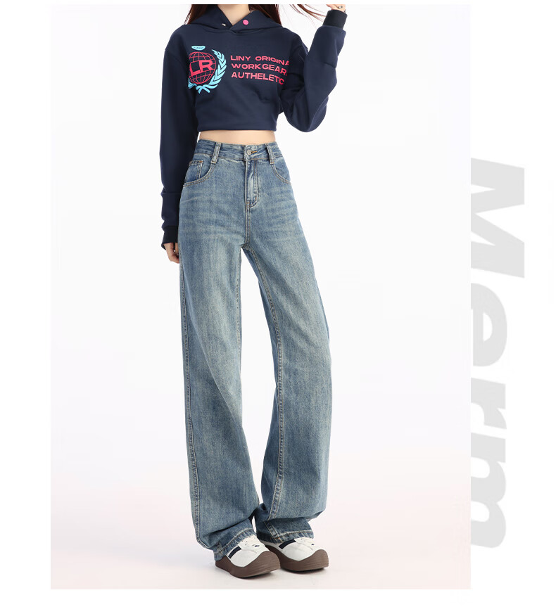 Pierre Cardin Women's Winter Denim Jeans Simple Soft Breathable Casual Slim Fit Straight Wide Leg Retro Blue M 23