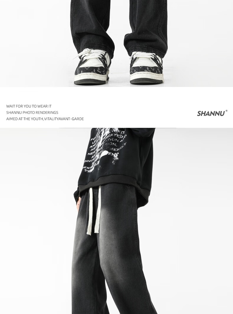SHANNU Men's Jeans, Spring And Autumn Style, Black American-Style Loose Casual Straight-Leg Trousers, Faded Black, XL 8