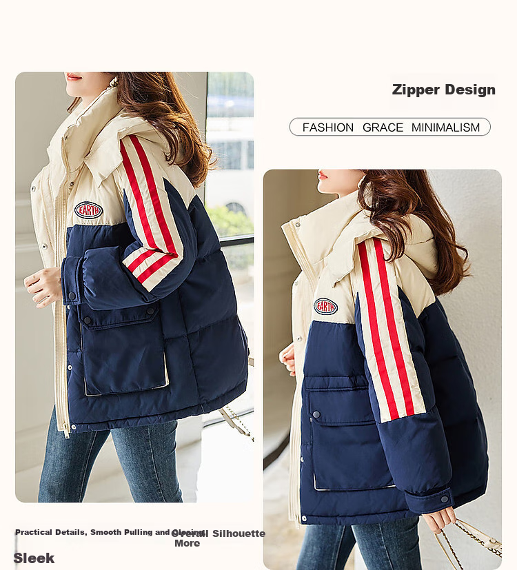 Dme [Xueji Lian Dong] Winter Warmth 90% Duck Down Hooded Windproof Stand Collar Contrasting Color Letter down Jacket Women's Coat 4