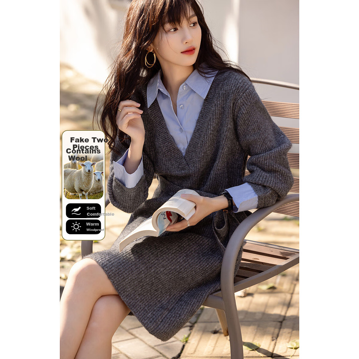 Dme [Tianyan Gaozhi Chande] Winter Faux Two-Piece Color-Block Belt with Breathable Merino Wool A-Line Dress for Wome
