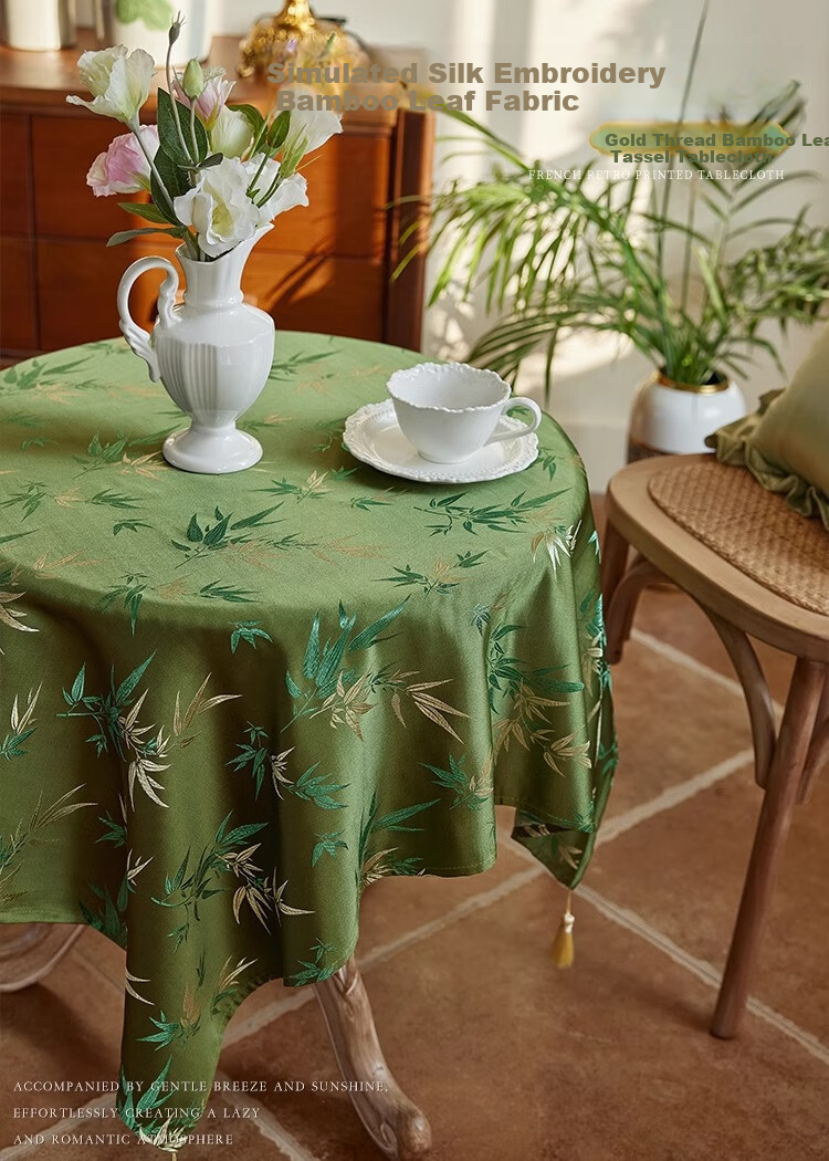 Yinshang New Chinese-Style Lace Tassel Round Tablecloth, Green Bamboo Light Luxury Table Cover, Dining Table Tea Cloth, 140*140cm 1