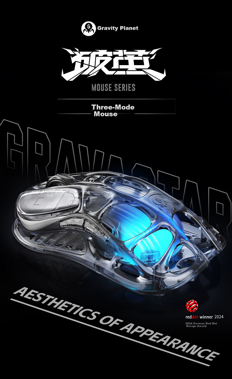 GravaStar Wireless/wired Bluetooth Gaming Mouse, Tri-Mode (Wireless/Wired/Bluetooth), 29-Hole Lightweight Hollow Design, 3395 Sensor, Rechargeable Long Battery Life, RGB Lighting, Transparent Black 1