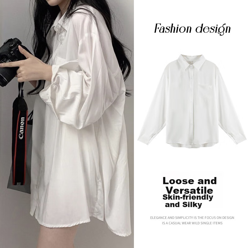 Halo Queen Long-Sleeve Shirt for Women, Loose-Fitting Casual Style, Mid-Length Student Top Outerwear, White Casual Blouse H52S052