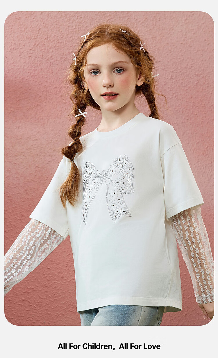 ASK JUNIOR Children's T-Shirt with Two Layers, Spring 2026 Girls' Butterfly Bow Lace Long-Sleeve Base Round Neck Top, Off-White, Size 130 7