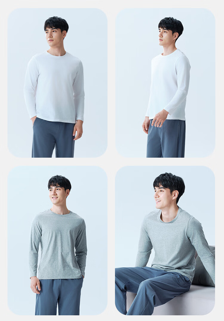 Yiershuang [Class A 100% Pure Cotton] Men's Long Sleeve T-Shirt Autumn Winter Base Layer 7A Antibacterial Mite-Resistant Crew Neck Top 10
