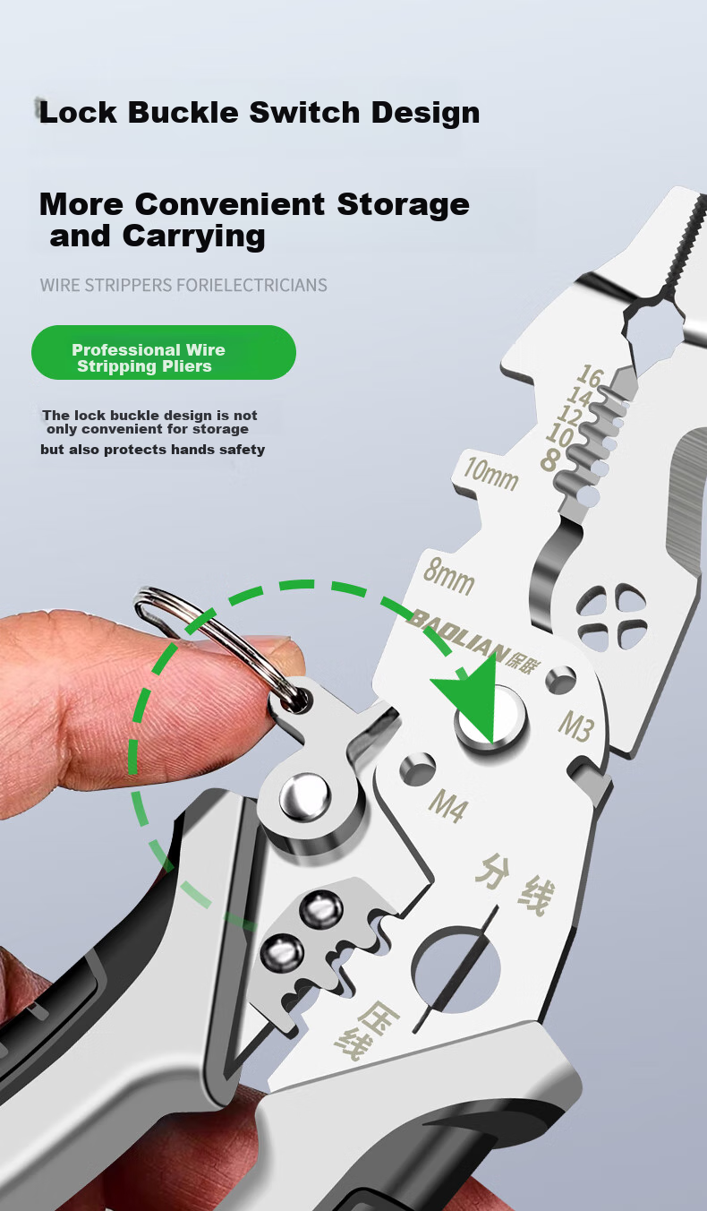 Baolian Wire Stripping Pliers, Multi-Functional Fiber Optic Cable Cutter for Electricians, Stainless Steel Bent-Nose Model 7