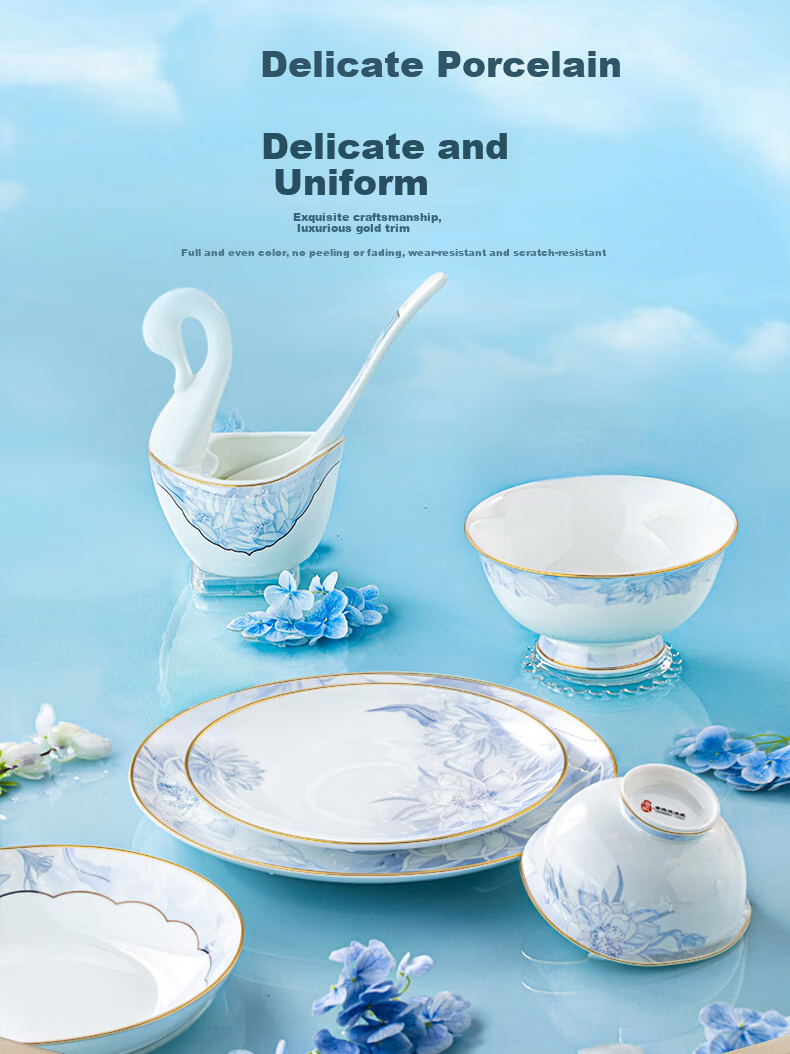 Luowei Jingdezhen Ceramic Dinnerware Set, Housewarming Bowl And Plate Set, Luxury High-End Feel for Home Use, 62-Piece Set 10